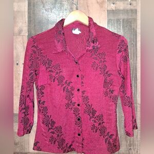 Vintage Ecru USA 90s Red Black Floral Button-Up Shirt Slinky Size Large